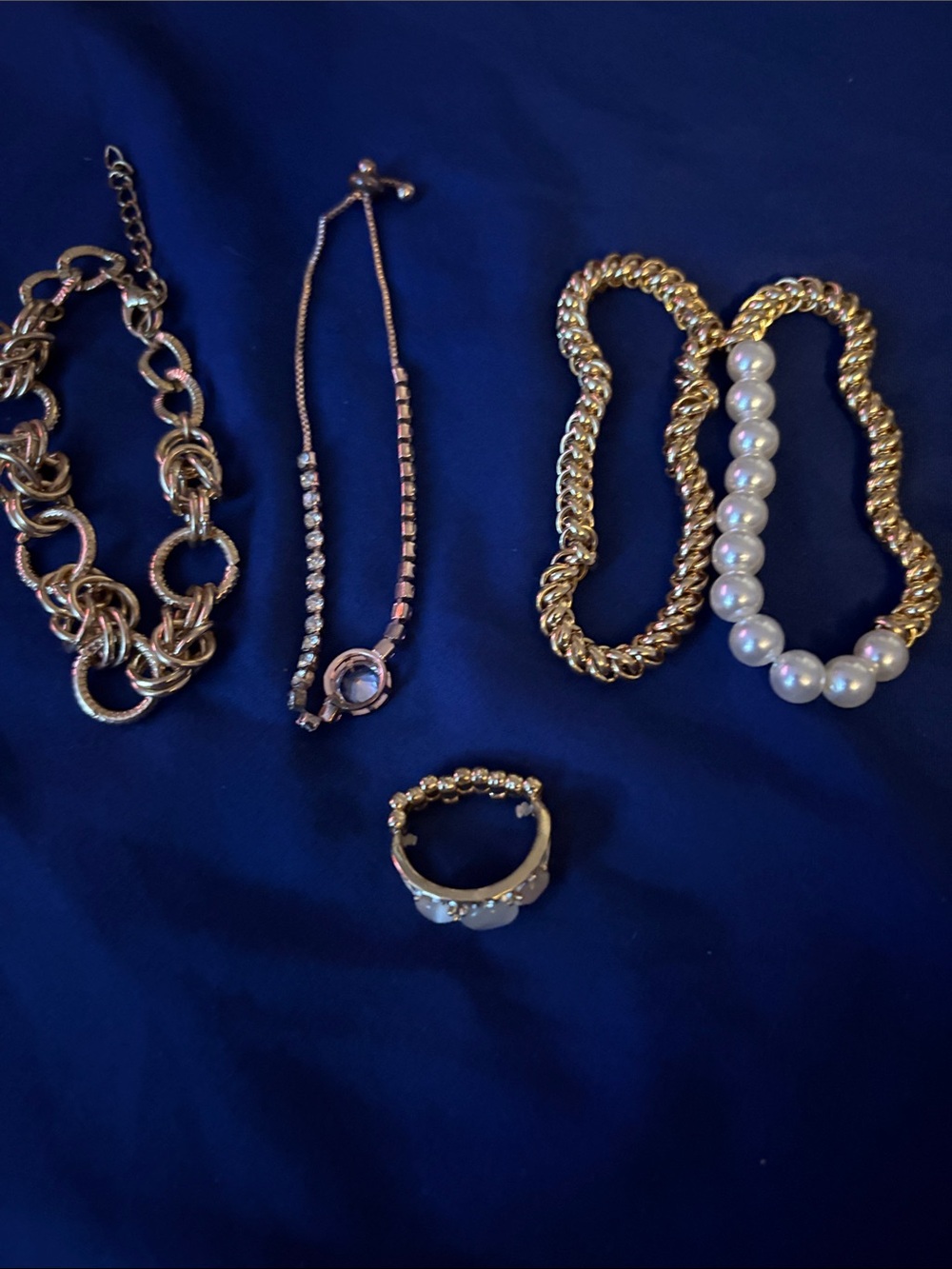 5pc Bundle Gold-Tone Pearl & Chain Bracelet Set and ring
